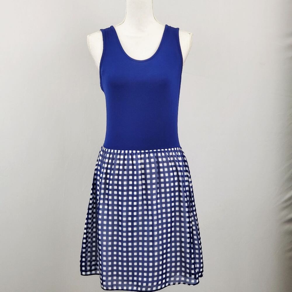Blue Gingham Check Skater Dress Sleeveless Fit Flare Preppy Coastal Summer S